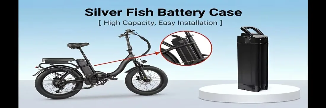 Silver Fish battery case mounted on a folding e-bike