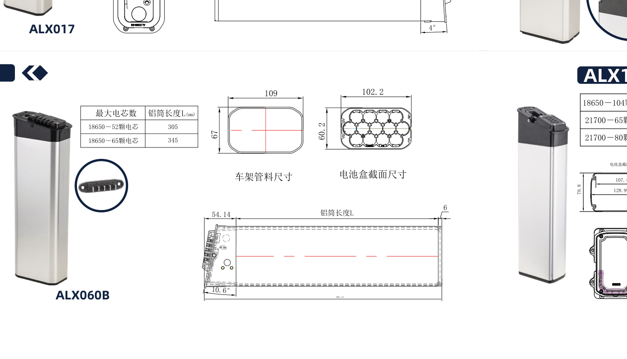 Dimensional drawing of the ALX017 empty e-bike battery case showing the side and plan views with the mounting centres and overall envelope dimensioned