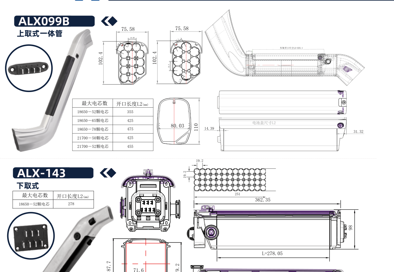Dimensional drawing of the ALX099B empty e-bike battery case showing the side and plan views with the mounting centres and overall envelope dimensioned