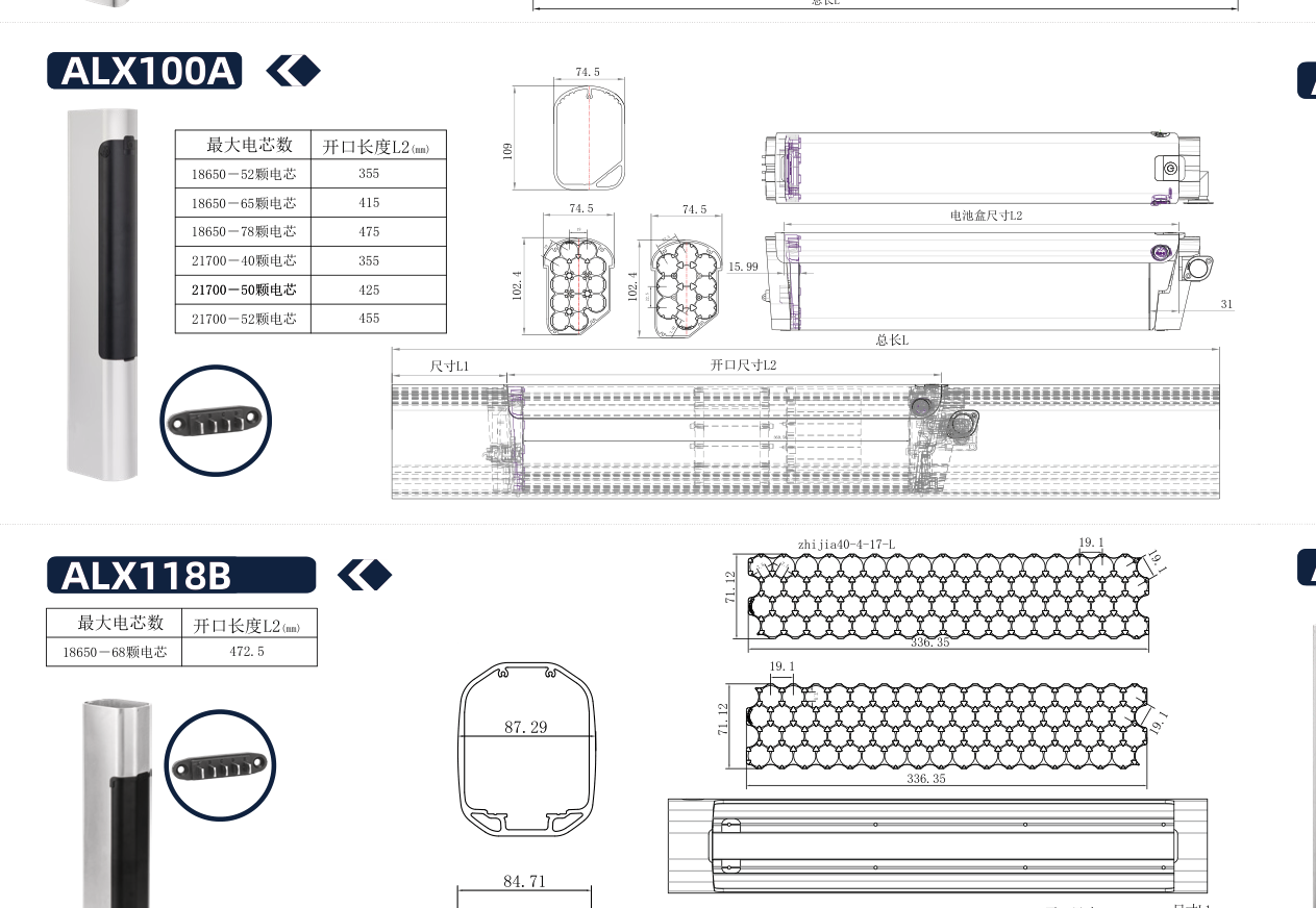 Dimensional drawing of the ALX100A empty e-bike battery case showing the side and plan views with the mounting centres and overall envelope dimensioned