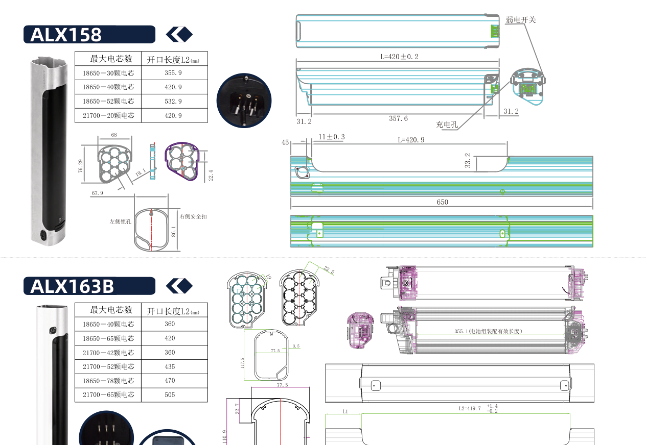 Dimensional drawing of the ALX158 empty e-bike battery case showing the side and plan views with the mounting centres and overall envelope dimensioned